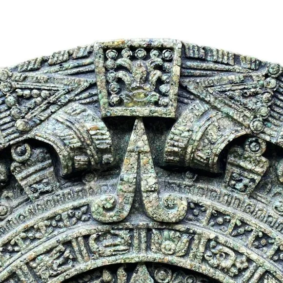 MCM Aztec Sun Stone Calendar-Marked Original Zarebski Crushed Green Stone 11.5"